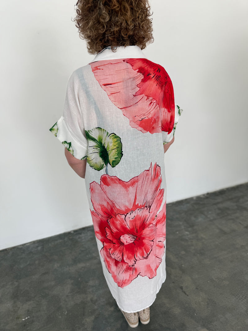 Linen Blend Shirt Dress - Flower