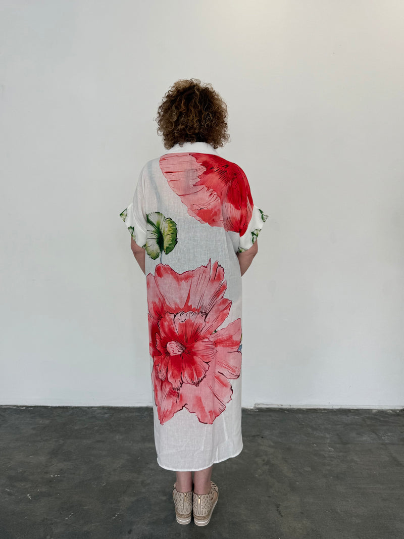 Linen Blend Shirt Dress - Flower