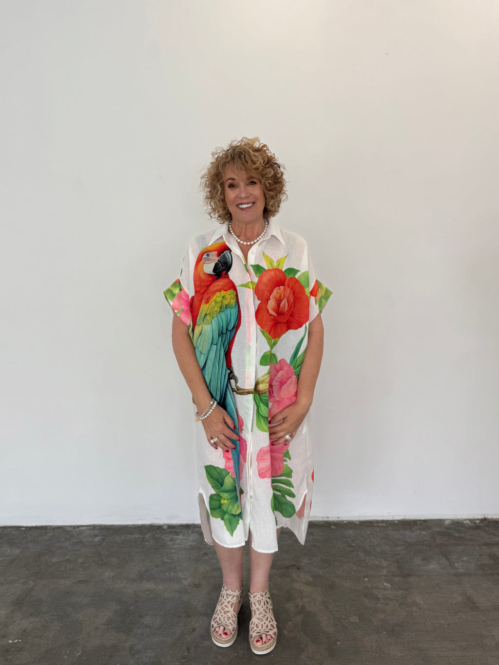 Linen Blend Shirt Dress - Flower/Parrot