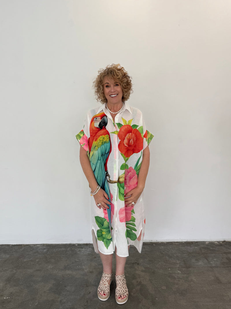 Linen Blend Shirt Dress - Flower/Parrot
