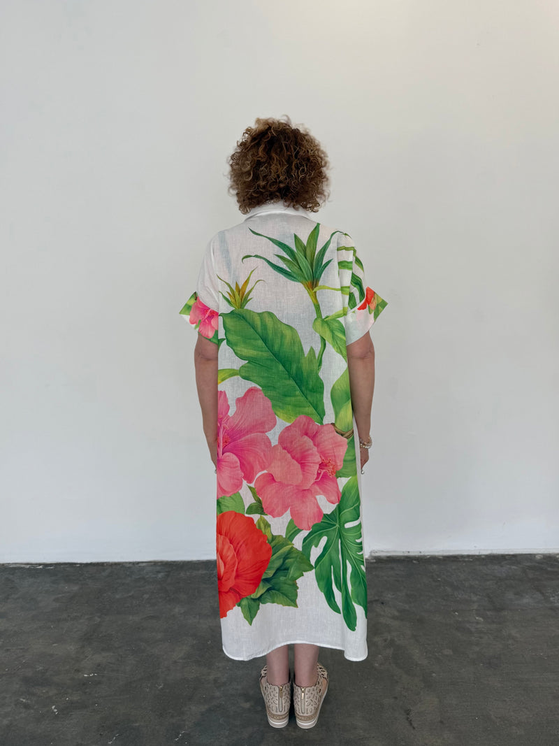 Linen Blend Shirt Dress - Flower/Parrot