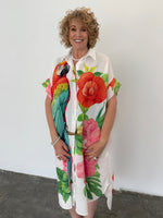 Linen Blend Shirt Dress - Flower/Parrot