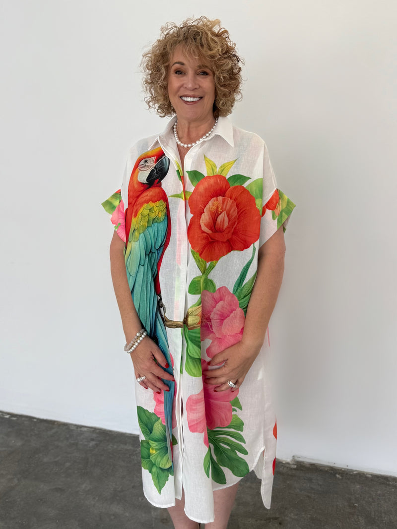 Linen Blend Shirt Dress - Flower/Parrot