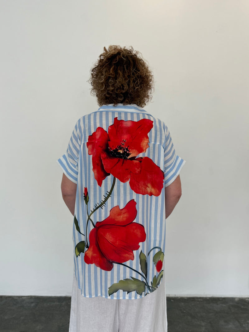 Linen Blend Hi-Lo Shirt - Bloom Stripe