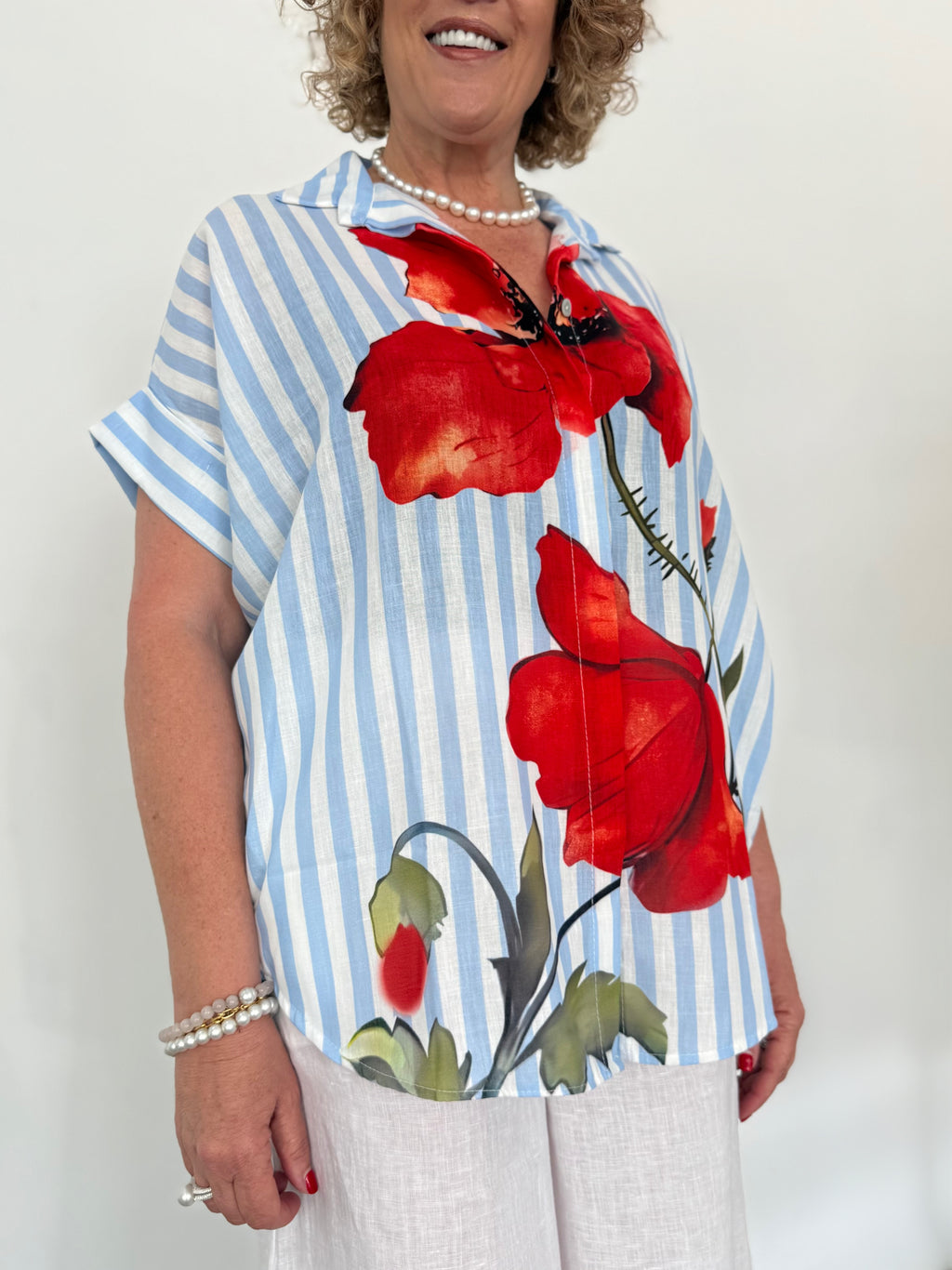 Linen Blend Hi-Lo Shirt - Bloom Stripe