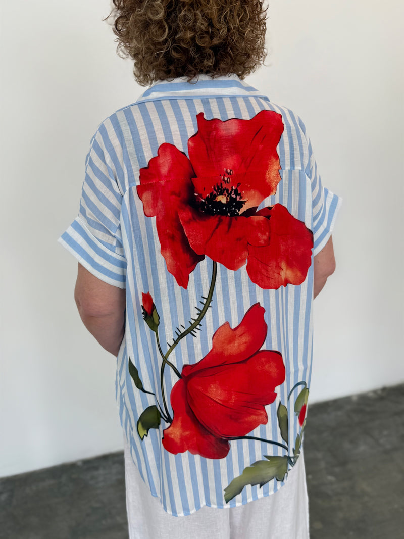 Linen Blend Hi-Lo Shirt - Bloom Stripe