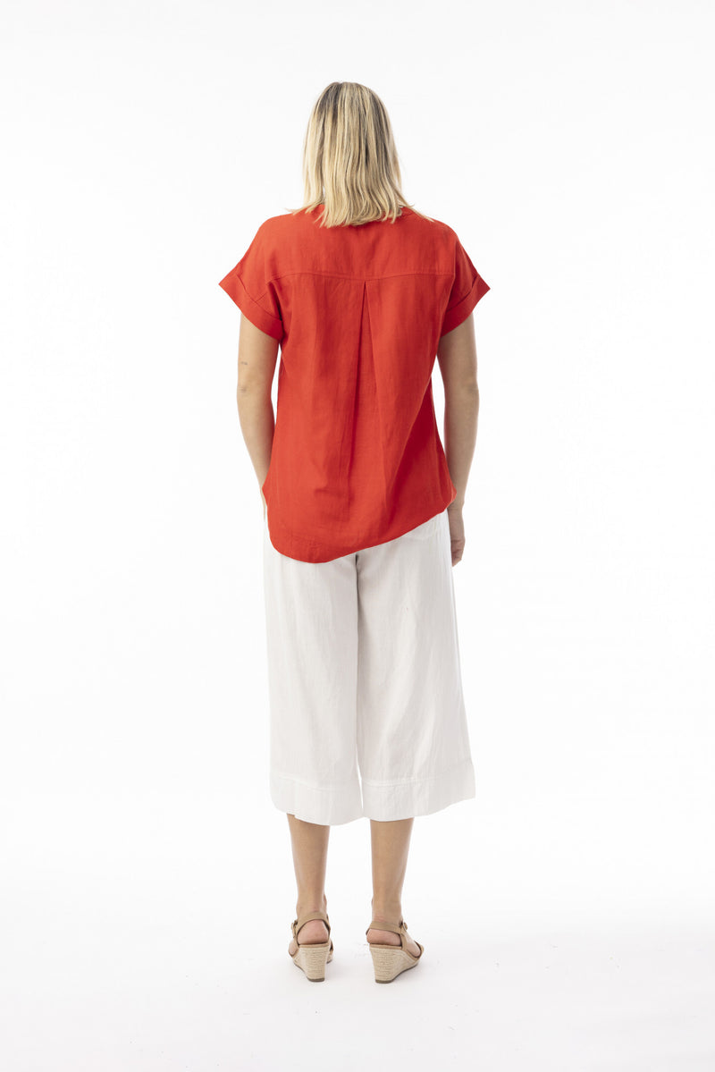 Linen Essentials V Neck Top - Red