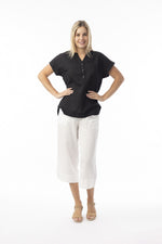 Linen Essentials V Neck Top - Black