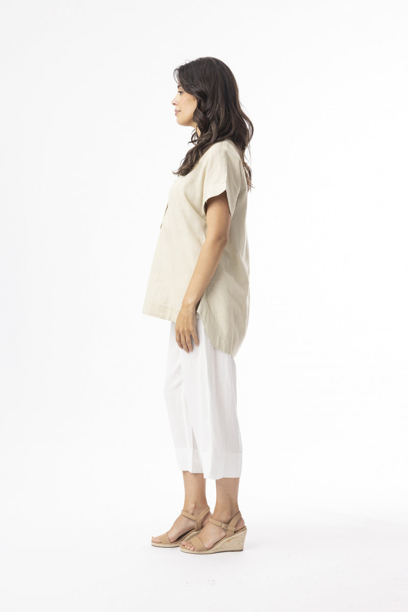 Linen Essentials V Neck Top - Sand
