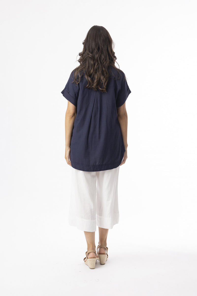 Linen Essentials V Neck Top - Navy