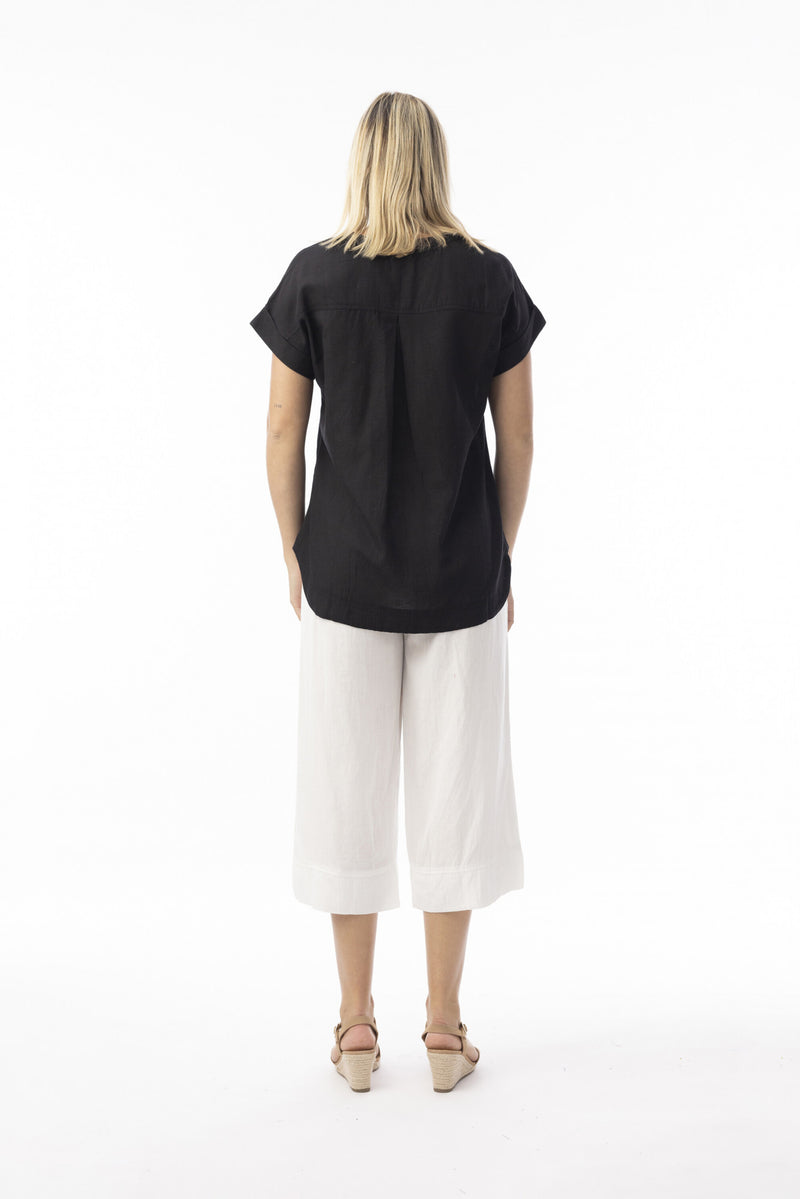 Linen Essentials V Neck Top - Black