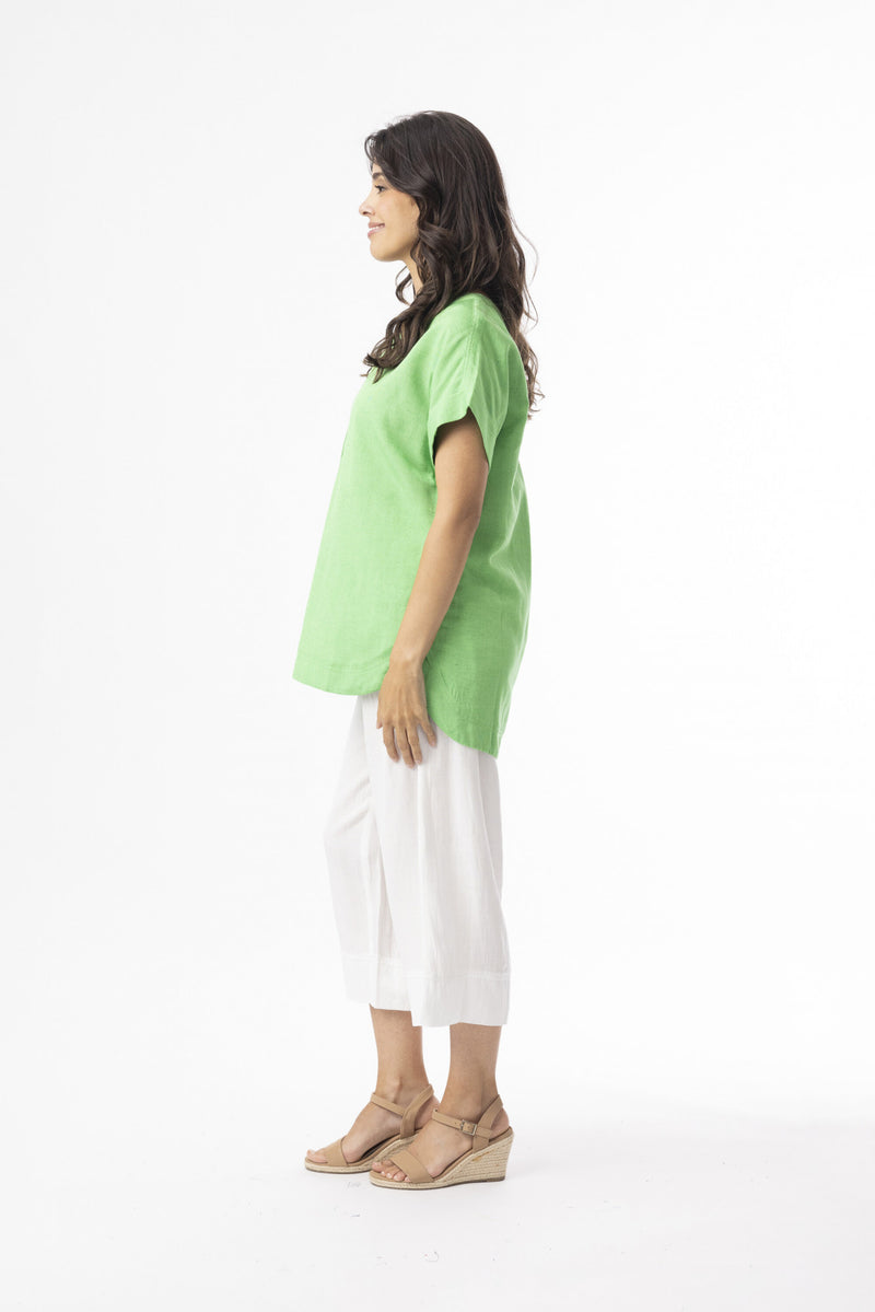 Linen Essentials V Neck Top - Parakeet