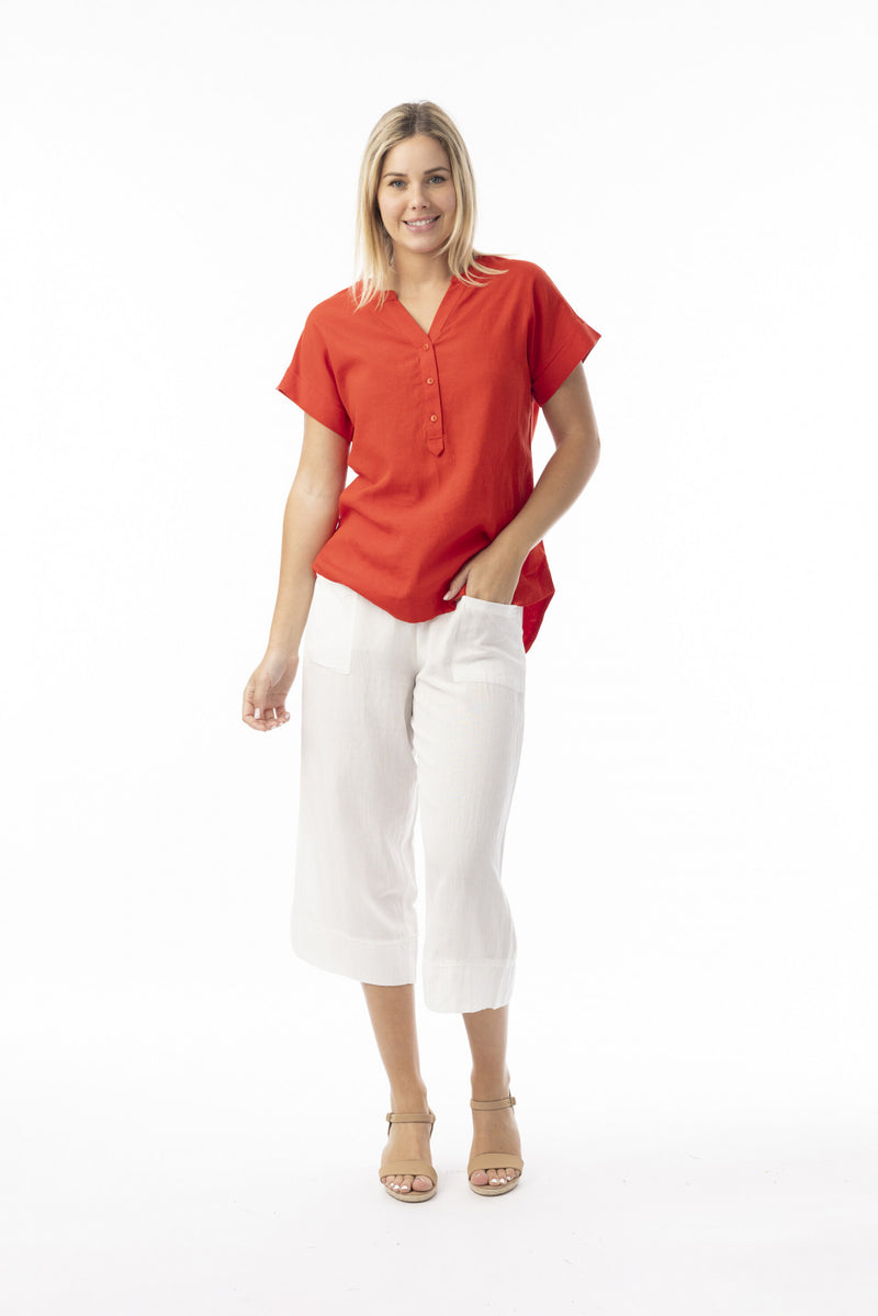 Linen Essentials V Neck Top - Red
