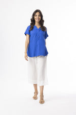 Linen Essentials V Neck Top - Electric Blue