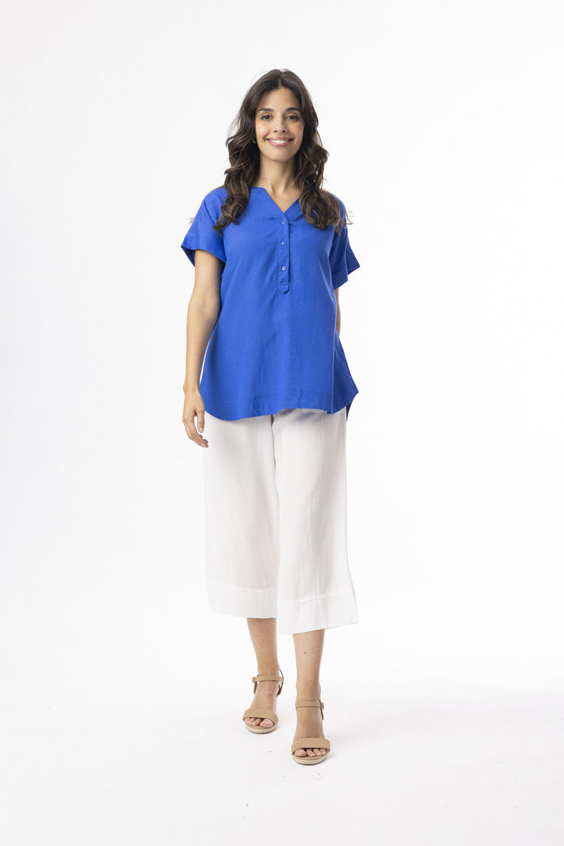 Linen Essentials V Neck Top - Electric Blue