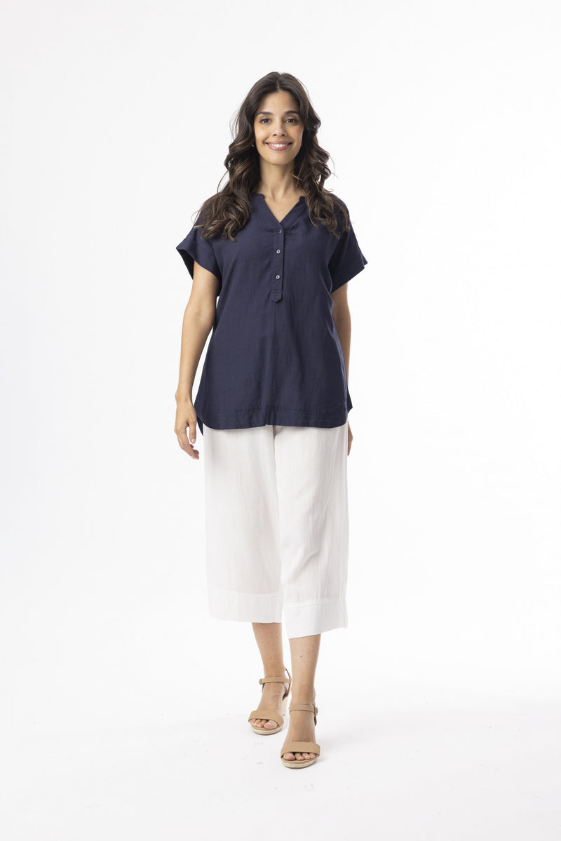 Linen Essentials V Neck Top - Navy