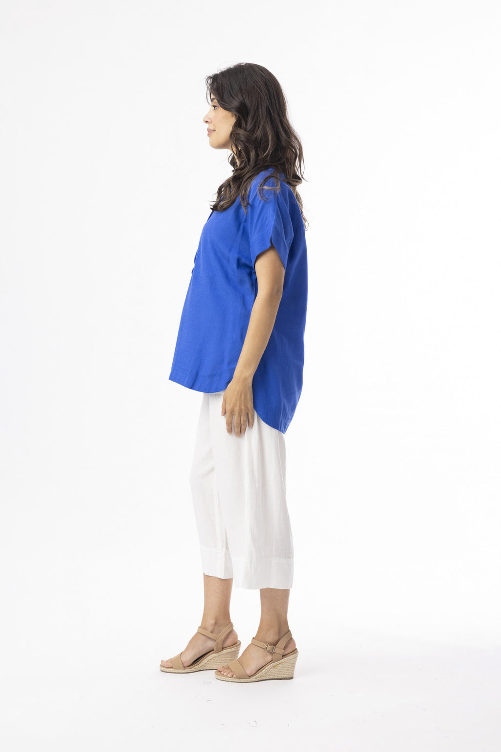 Linen Essentials V Neck Top - Electric Blue