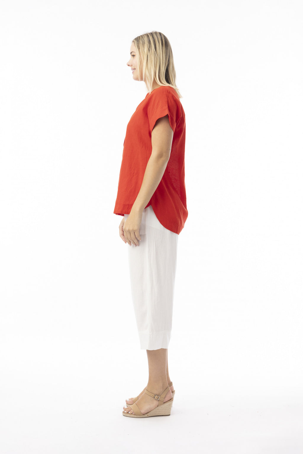 Linen Essentials V Neck Top - Red