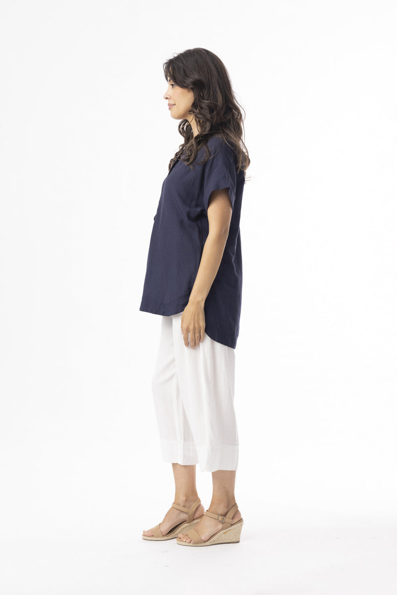 Linen Essentials V Neck Top - Navy
