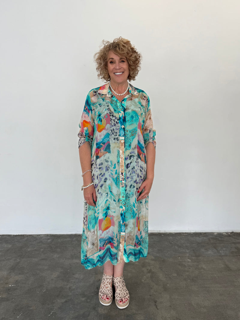 Cheetah Shirt Dress - Aqua