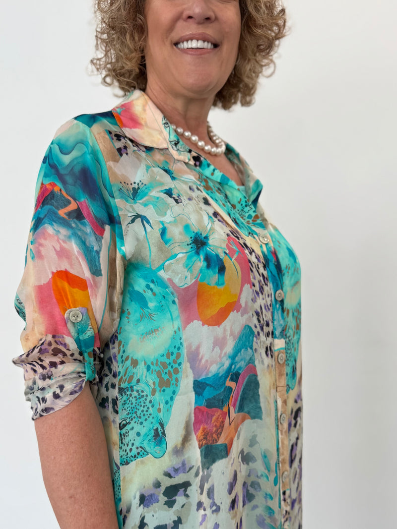 Cheetah Shirt Dress - Aqua