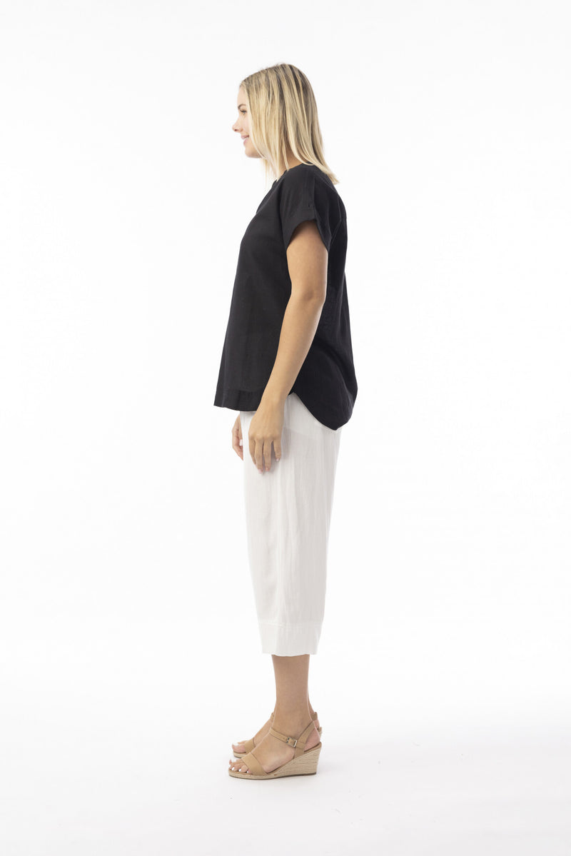 Linen Essentials V Neck Top - Black