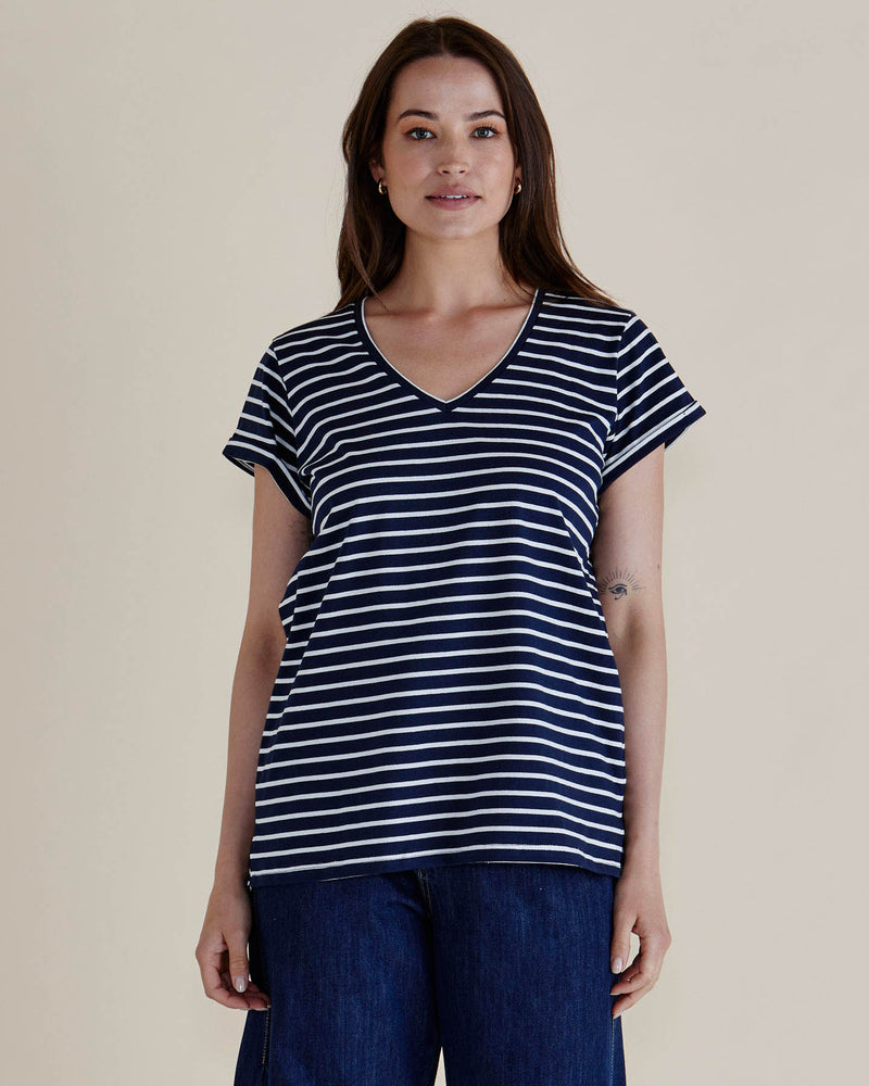 Ayla V-Neck Tee - Navy Stripe