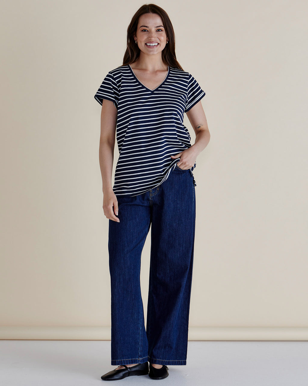 Ayla V-Neck Tee - Navy Stripe