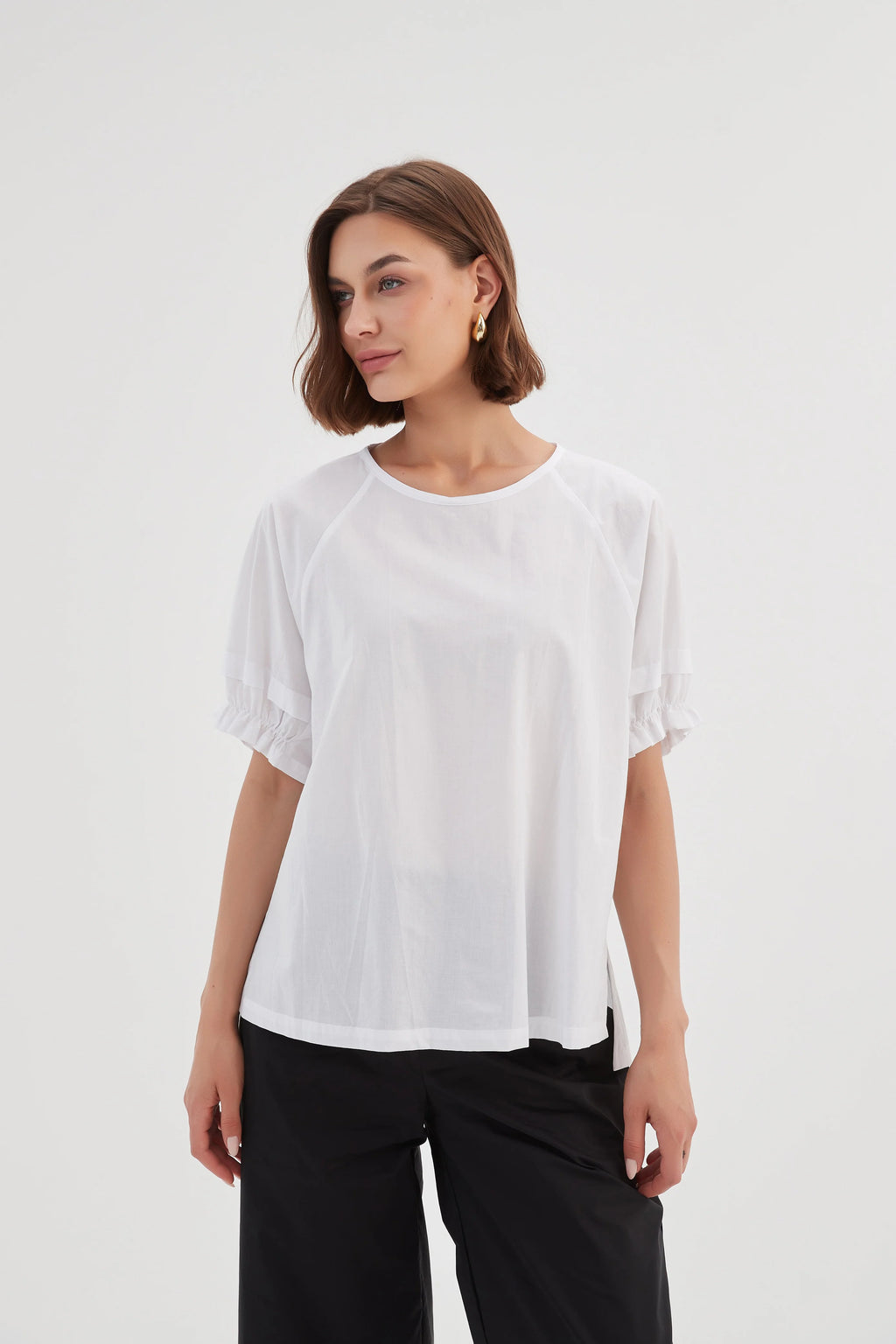 Ruffle Sleeve Lyocell Top - White