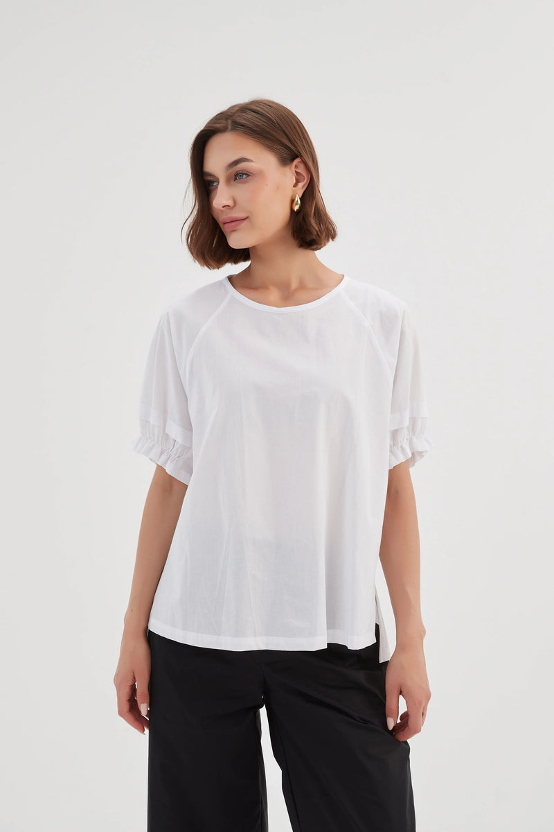 Ruffle Sleeve Lyocell Top - White