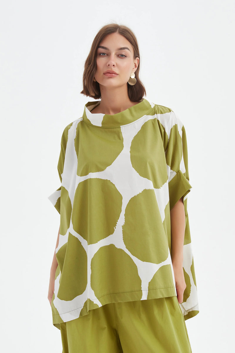 Structured Neck Print Tunic - Chartreuse/White Spot