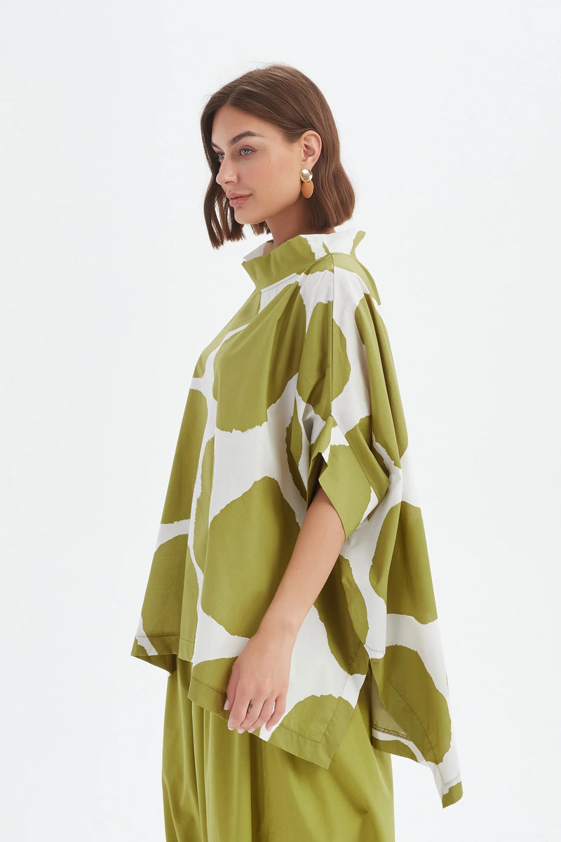 Structured Neck Print Tunic - Chartreuse/White Spot
