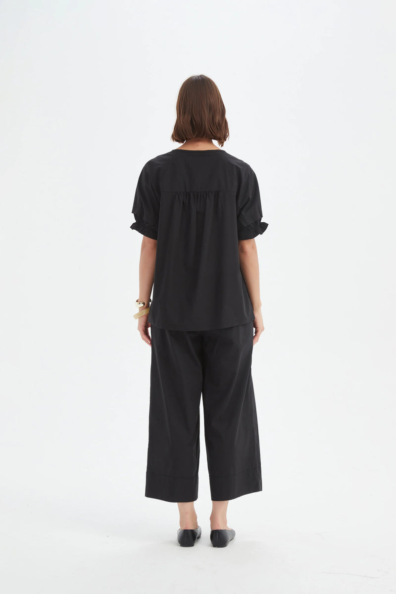 Ruffle Sleeve Lyocell Top - Black