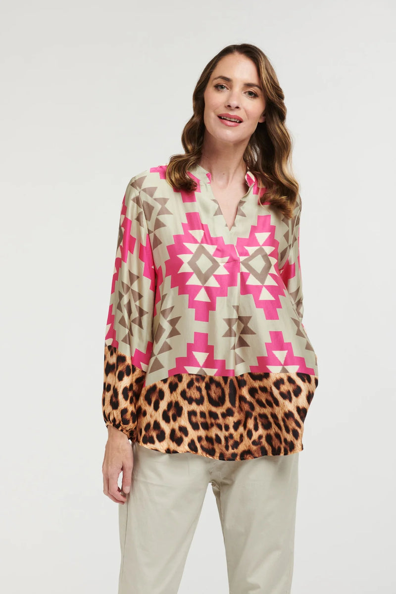 Geometric & Leopard Shirt - Beige/Pink