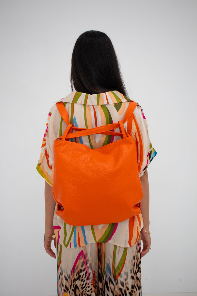 Leather Convertible Tote Bag/Backpack - Orange