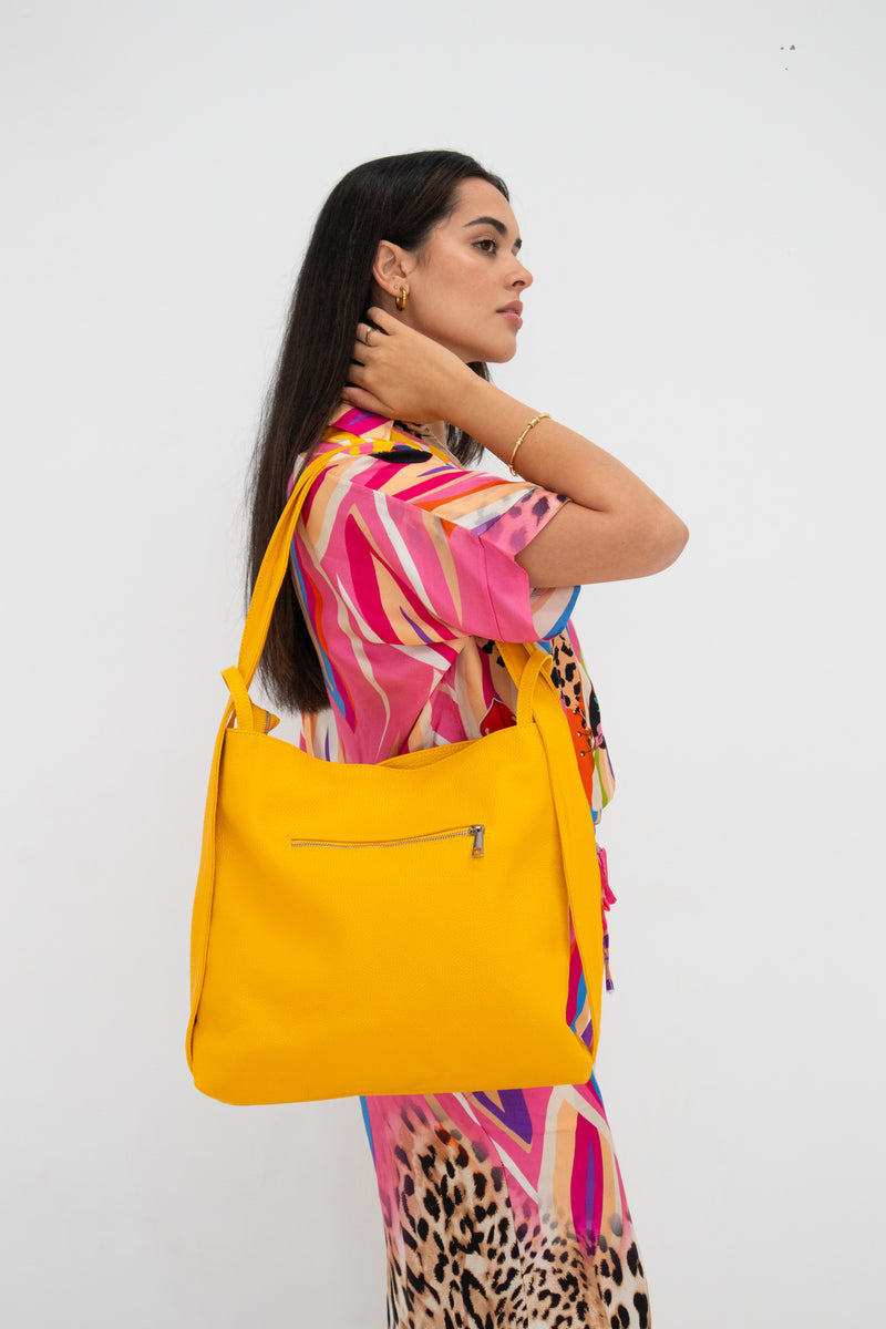 Leather Convertible Tote Bag/Backpack - Yellow