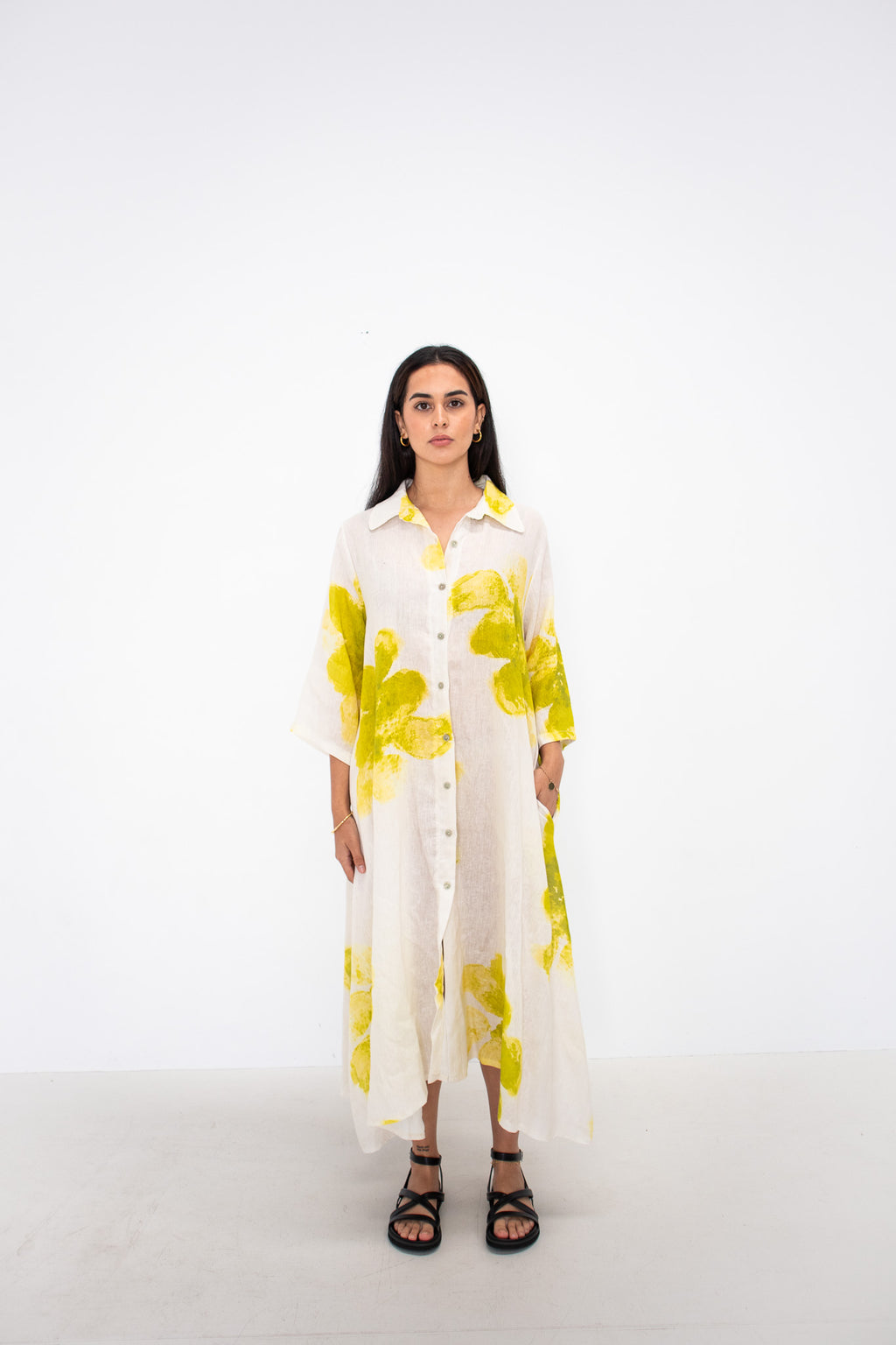 Bloom Linen Shirt Dress - White/Yellow