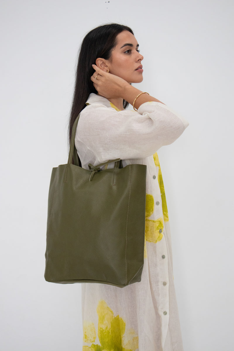 Leather Tote Bag - Khaki