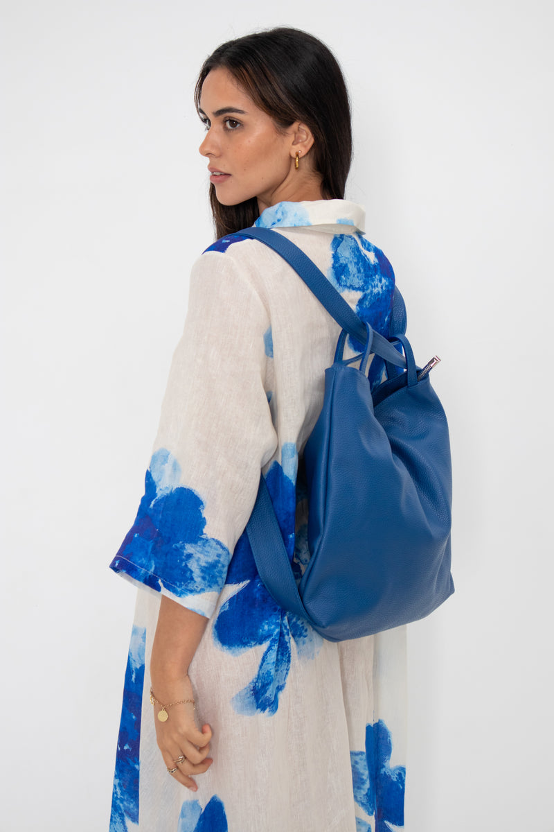 Leather Convertible Tote Bag/Backpack - Blue