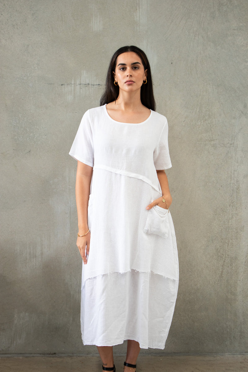 Linen Layered Mesh Dress - White