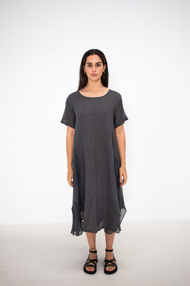 Mesh Detail Linen Dress - Charcoal