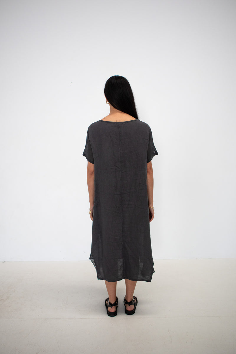 Mesh Detail Linen Dress - Charcoal