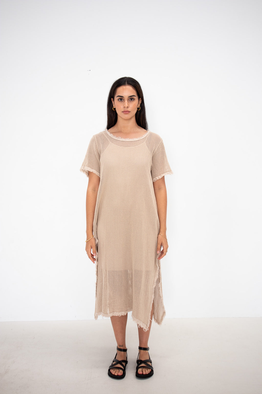 Overlay Mesh Dress  - Beige