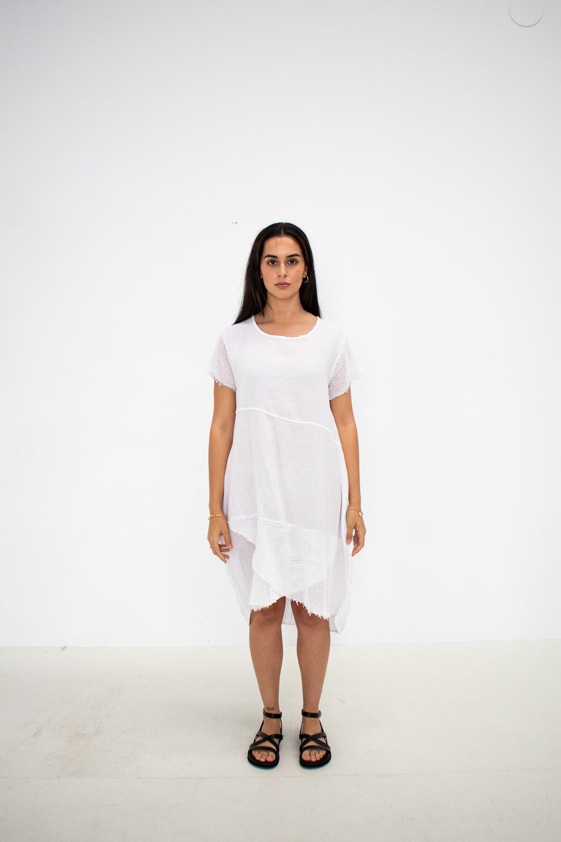 Cross Over Mesh Hem Dress - White