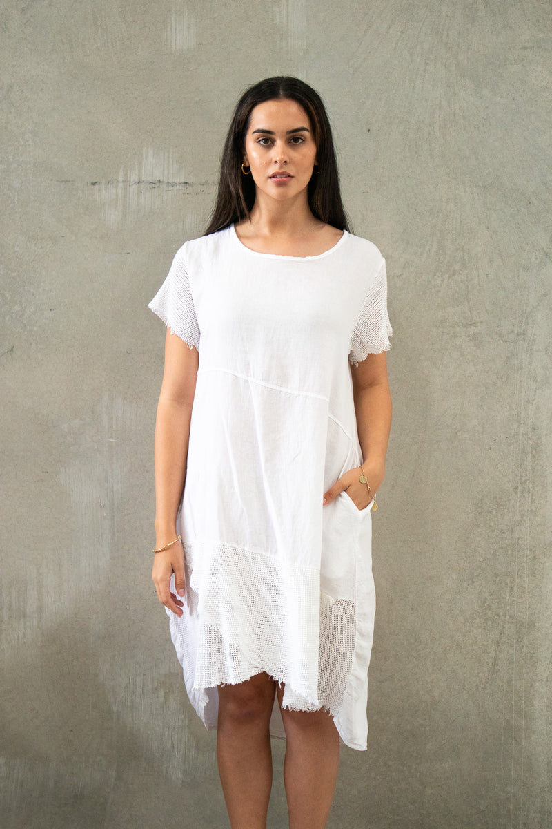 Cross Over Mesh Hem Dress - White