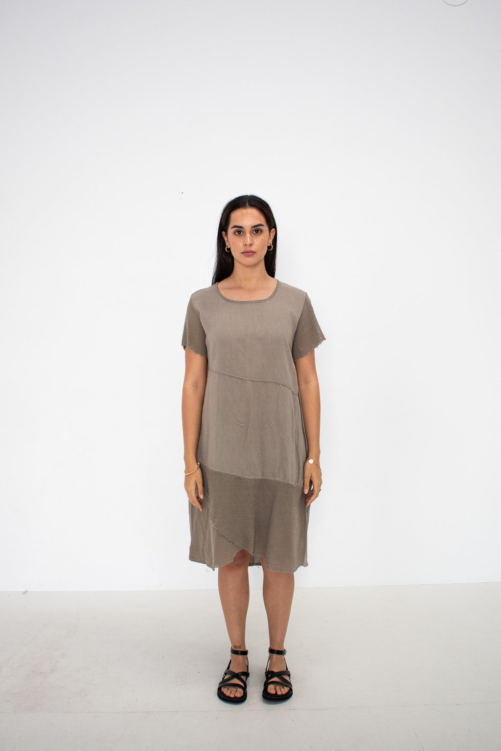 Cross Over Mesh Hem Dress - Mocha