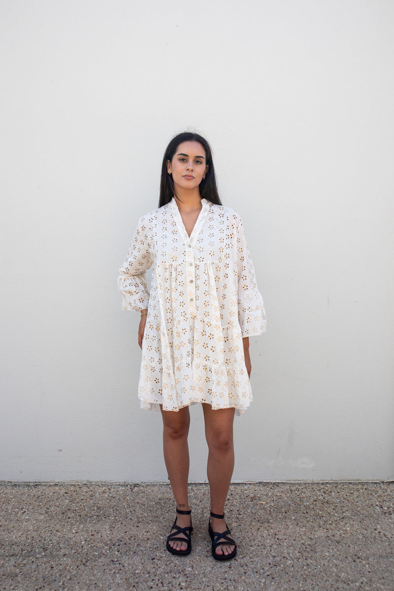 Broderie Anglaise Off White/Gold Dress