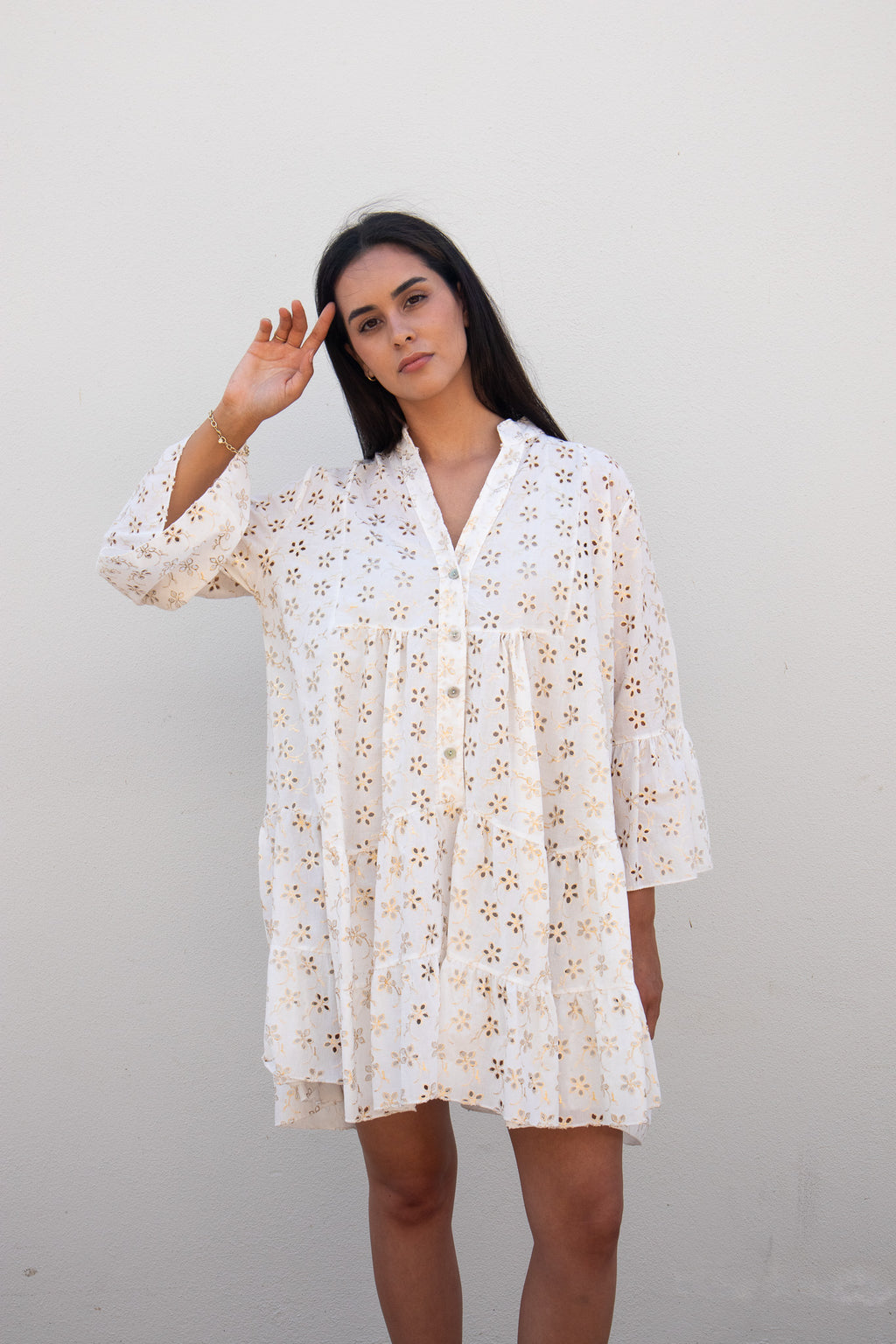 Broderie Anglaise Off White/Gold Dress