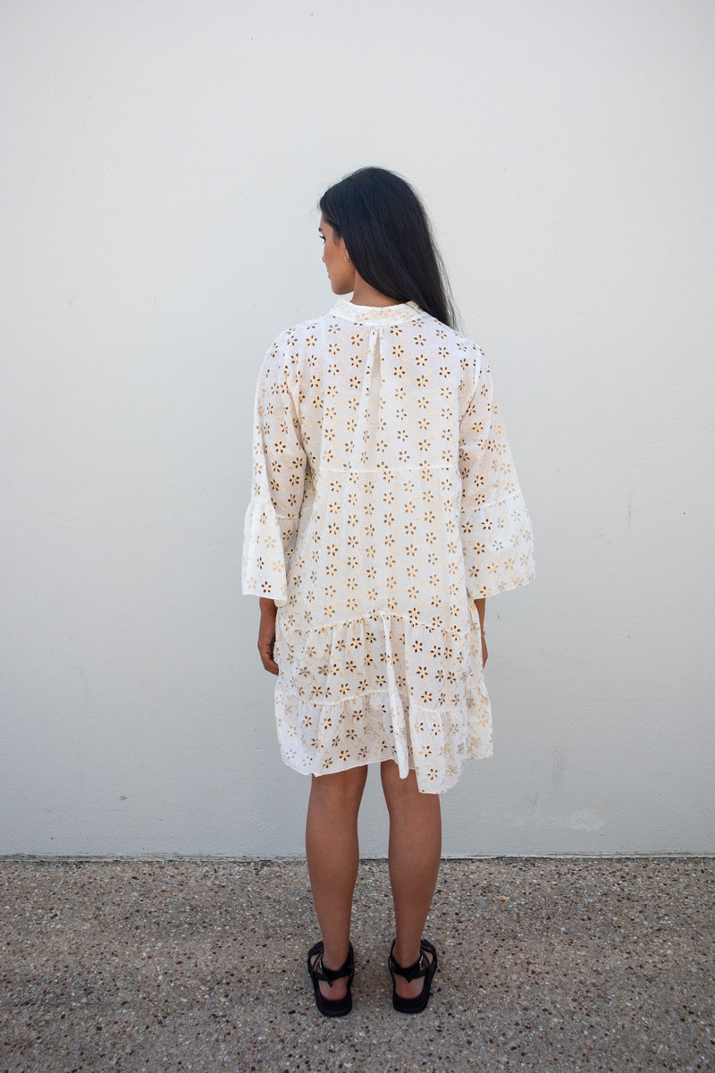 Broderie Anglaise Off White/Gold Dress