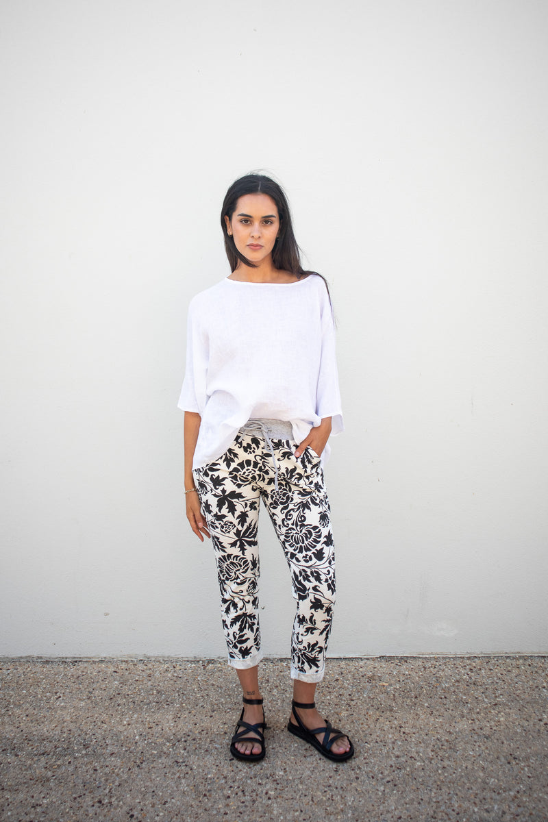 Cotton Comfort Pants - Black/White Print